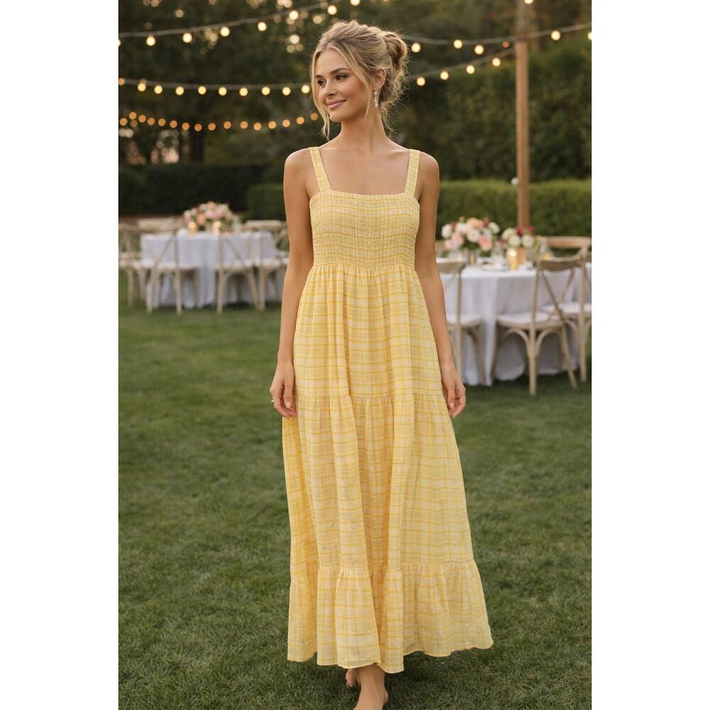 Tommy Hilfiger Yellow Gingham Midi Dress Smocked Sundress Tiered M Summer NWT